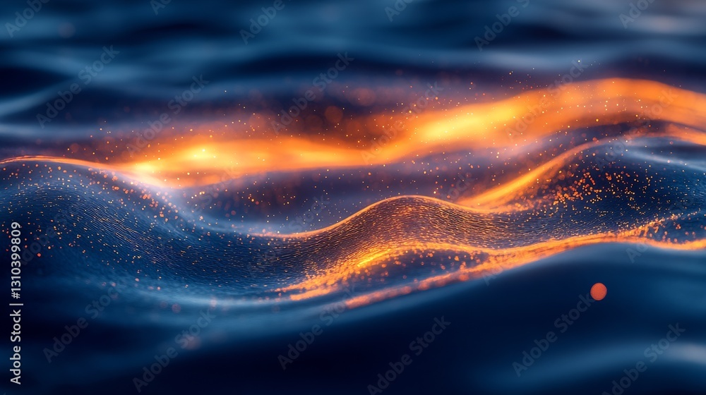 Leinwandbilder dynamic ocean wave background with sparkling particles highlighted by warm colors of orange and blue