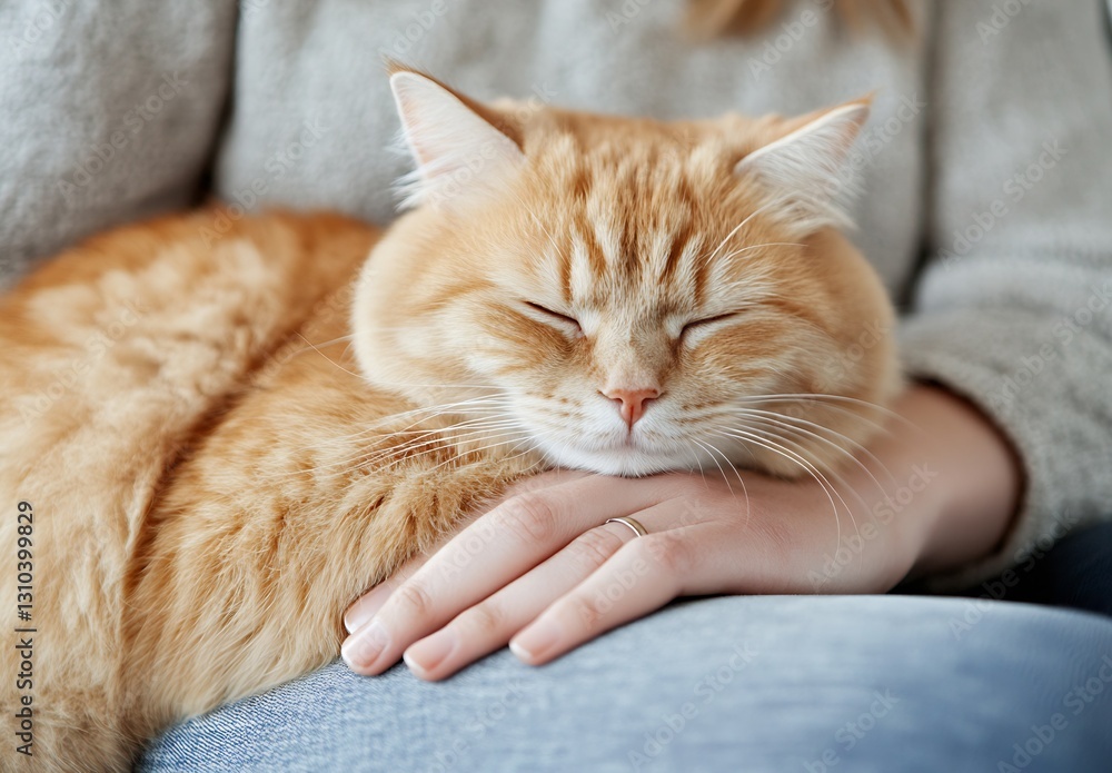 Poster ginger cat peacefully sleeping on a person’s lap creating a warm and affectionate home atmosphere du
