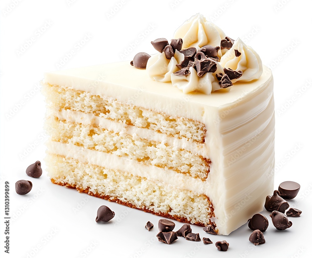 Poster beautiful slice of vanilla cake with creamy frosting and chocolate pieces decorated on top : generat
