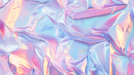Vibrant holographic foil texture with iridescent pink, blue, and purple reflections on a crinkled metallic surface, perfect for backgrounds, digital art, graphic design, and trendy social media