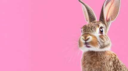 Fototapeta premium Photo of a little bunny, on a soft pink background Easter theme
