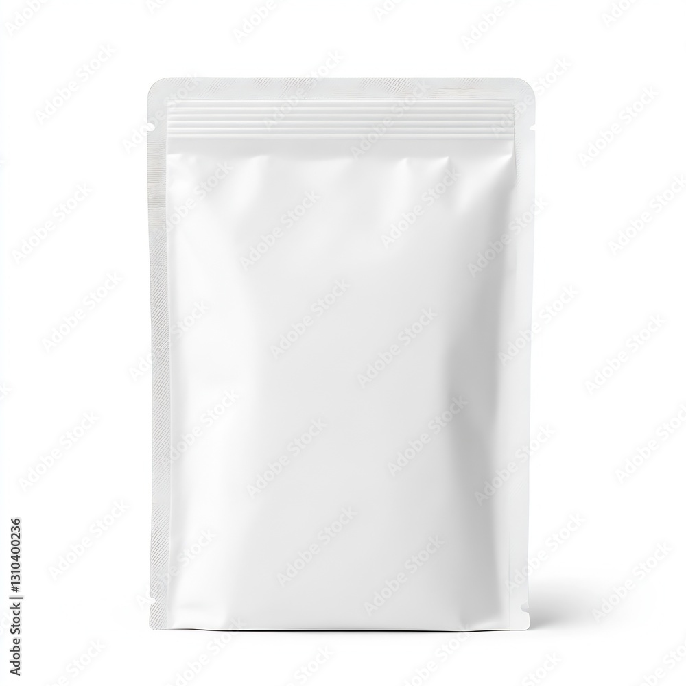 Poster classic white packaging bag with neat seal for snacks or small products displayed on white backgroun