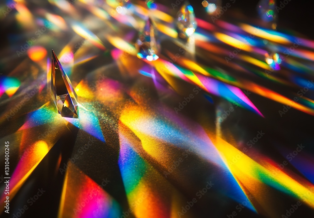 Poster colorful light reflections created by glass prisms on a dark surface showcasing vibrant spectrum pat