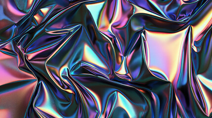 Vibrant holographic foil texture with iridescent pink, blue, and purple reflections on a crinkled metallic surface, perfect for backgrounds, digital art, graphic design, and trendy social media