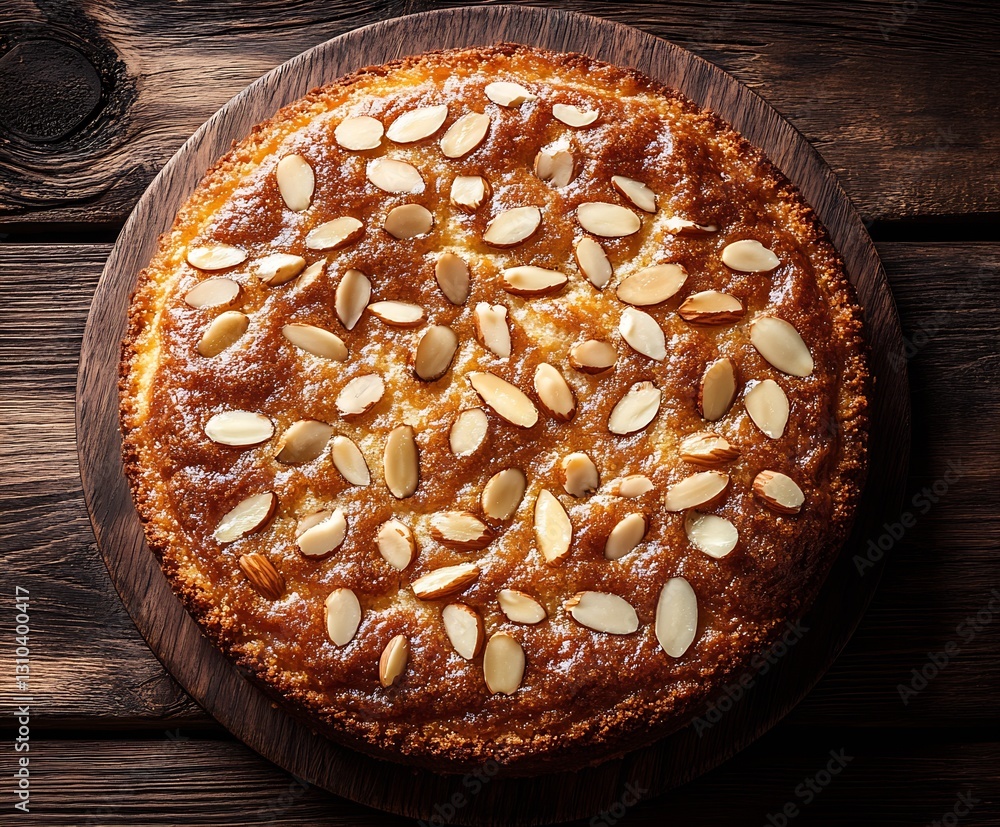 Poster golden almond cake topped with sliced almonds presented on a rustic wooden serving board : generativ