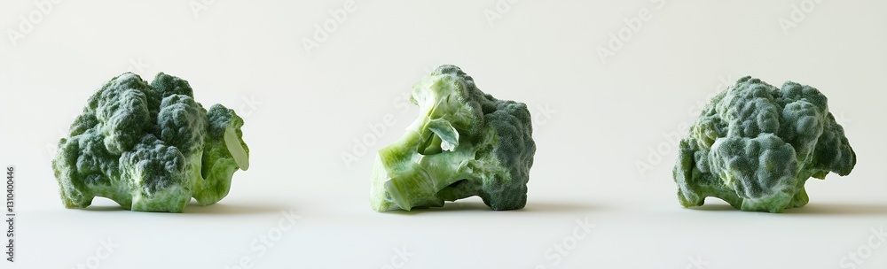Poster fresh green broccoli in various stages of appearance arranged on a clean white surface : generative 