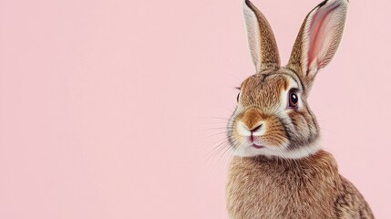 Fototapeta premium Photo of a little bunny, on a soft pink background Easter theme