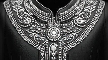 Ornate beaded collar detail on black jacket