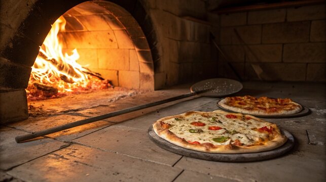 Italian pizza is cooked in a wood-fired oven. Pizzeria restaurant dinner cooking of baked cheese pizza on traditional firewood flames