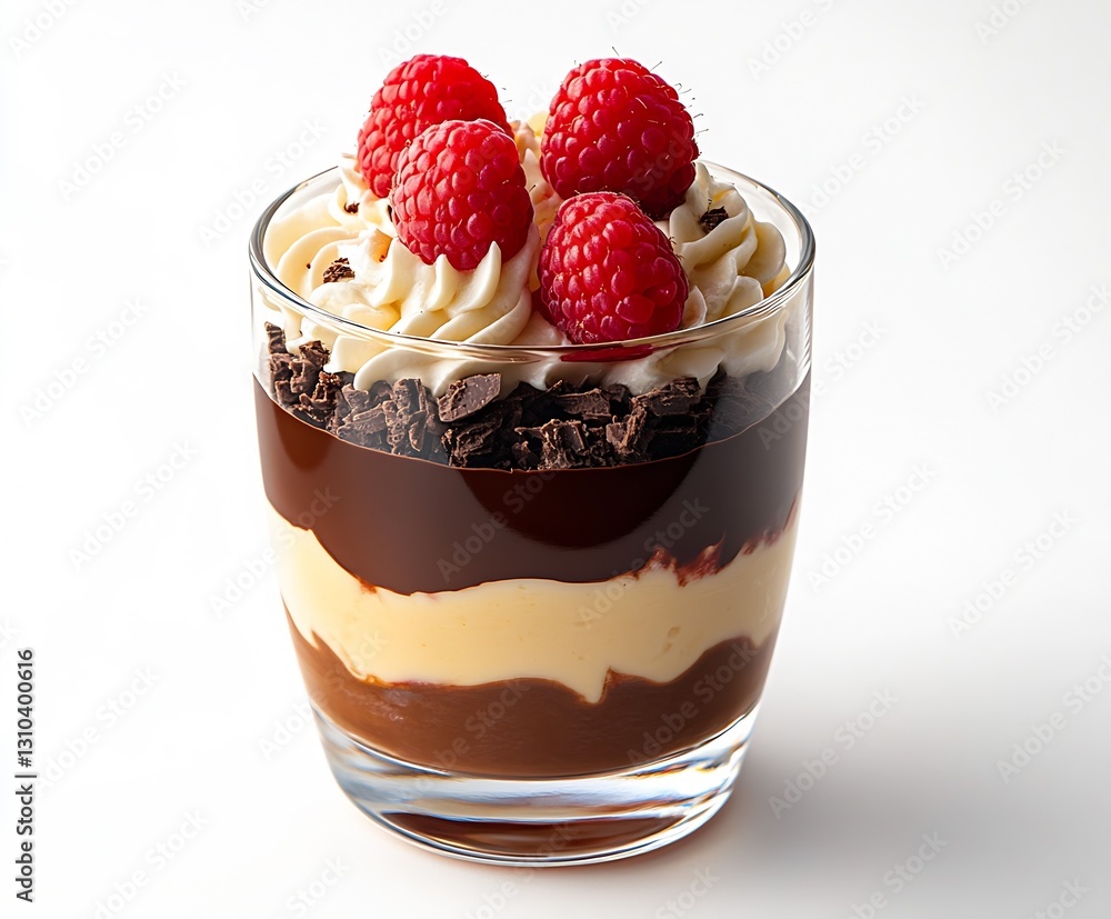 Poster decadent dessert parfait with layers of cream chocolate and fresh raspberries on top : generative ai