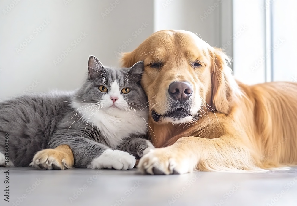 Aufkleber playful golden retriever and adorable gray tabby cat cuddled up in a warm setting : generative ai