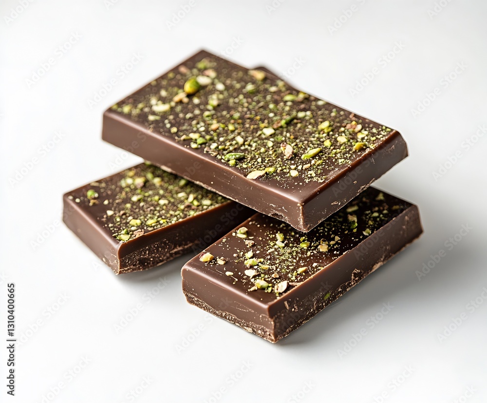 Poster decadent dark chocolate bars topped with chopped pistachios on a clean white background : generative