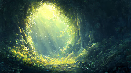 Mystical journey through an overgrown magical cave entrance bathed in soft ethereal light. Arcadian - Countryside. Illustration