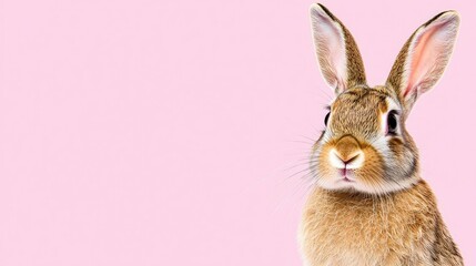 Obraz premium Photo of a little bunny, on a soft pink background Easter theme