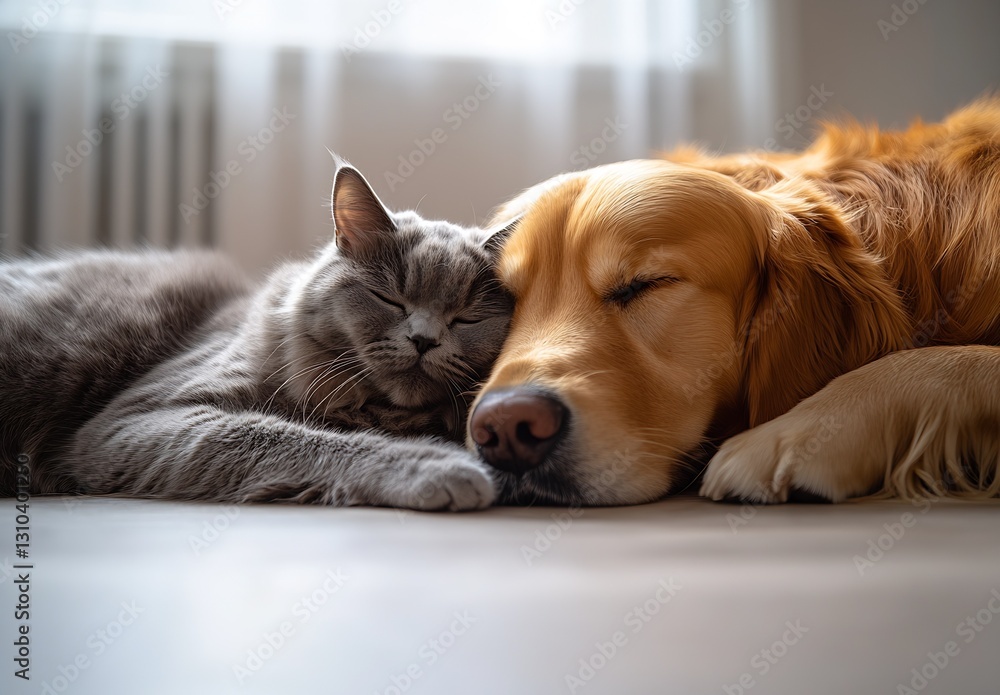 Poster Sweet grey cat and golden retriever resting side by side on a light floor with sunlight streaming in softly : Generative AI