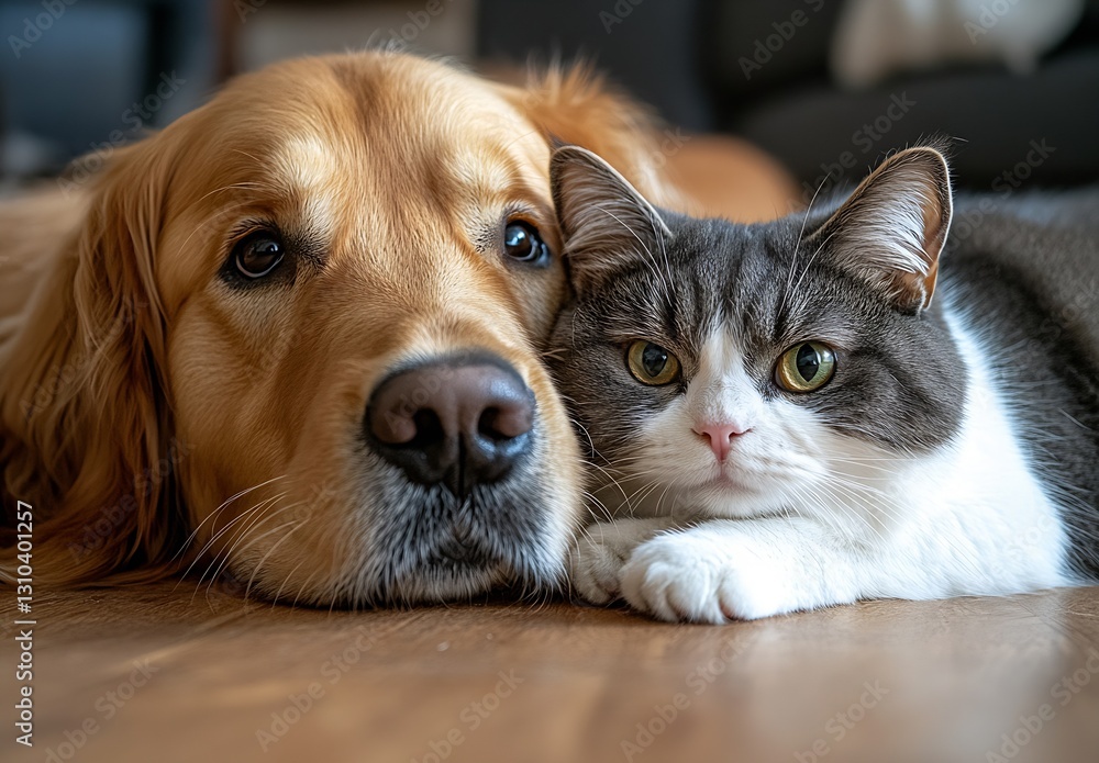 Poster cuddle time between a golden retriever and fluffy white cat sharing warmth on a wooden floor : gener