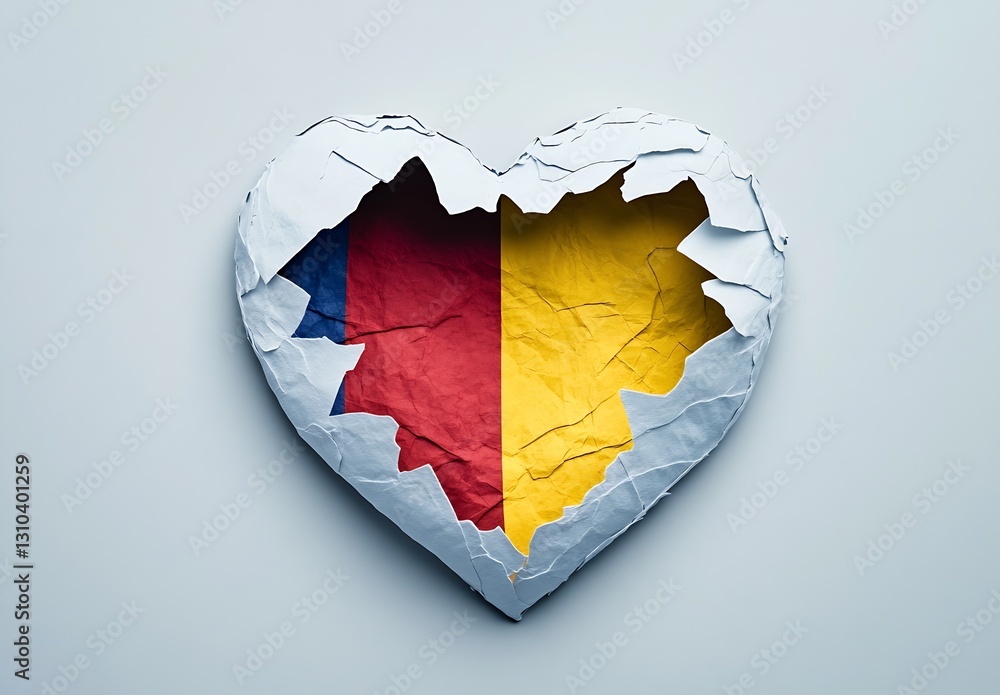 Poster creative heart design showcasing torn paper texture with vibrant flag colors inside : generative ai