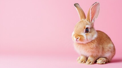 Obraz premium Photo of a little bunny, on a soft pink background Easter theme