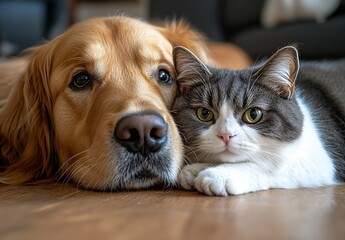 Cuddle time between a golden retriever and fluffy white cat sharing warmth on a wooden floor : Generative AI