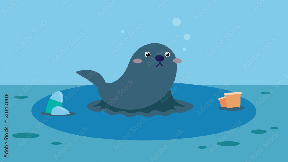 Poster struggling seal a seal struggling to keep its head above water in a polluted pool with trash floatin