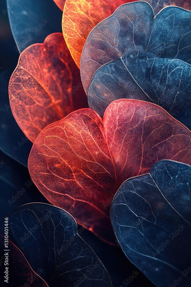 Poster vibrant close-up of colorful leaves showcasing intricate textures and patterns in a dark background