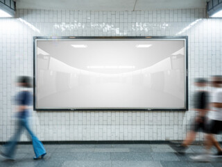Blank horizontal big poster in public place. Billboard mockup on subway station. 3D rendering.
