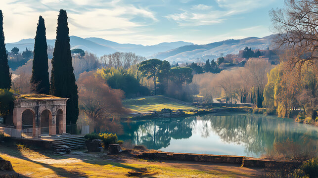 Rome, italy - january view of the aniene valley from hadrian's villa (villa adriana; villa hadriana) villa of emperor hadrian near tivoli outside. Arcadian - Countryside. Illustration