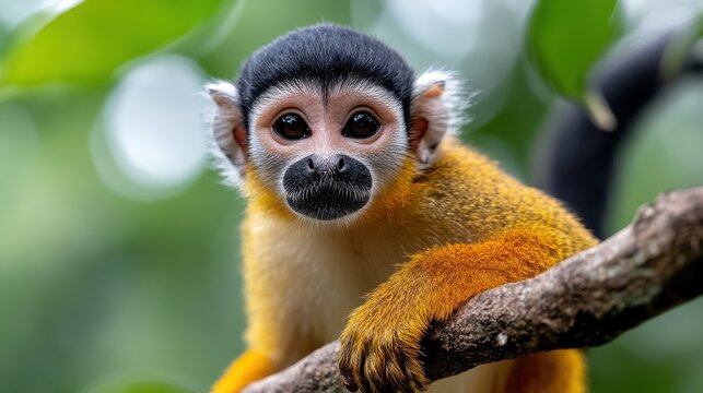 Colorful Guianan squirrel monkey perched on a branch in tropical habitat - Powered by Adobe