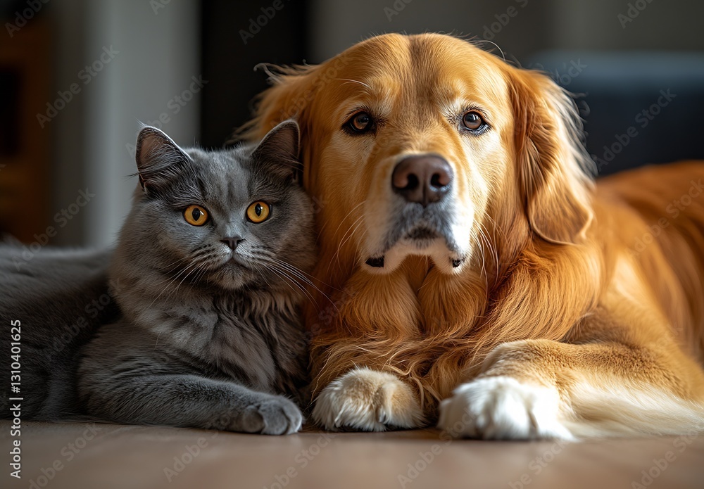 Poster charming golden retriever and fluffy grey cat lounging together with a warm gaze : generative ai