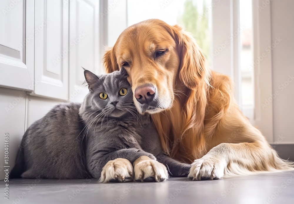 Poster golden retriever and gray cat cuddling happily together in warm home light near a window : generativ