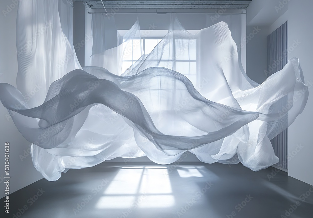 Poster elegant flowing white fabric creating soft textures and shadows in a serene indoor space : generativ