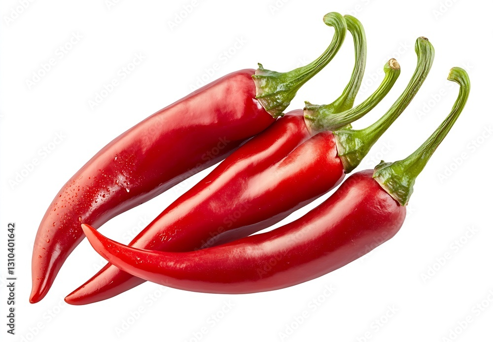 Poster three long red chili peppers resting elegantly on a white background perfect for showcasing culinary