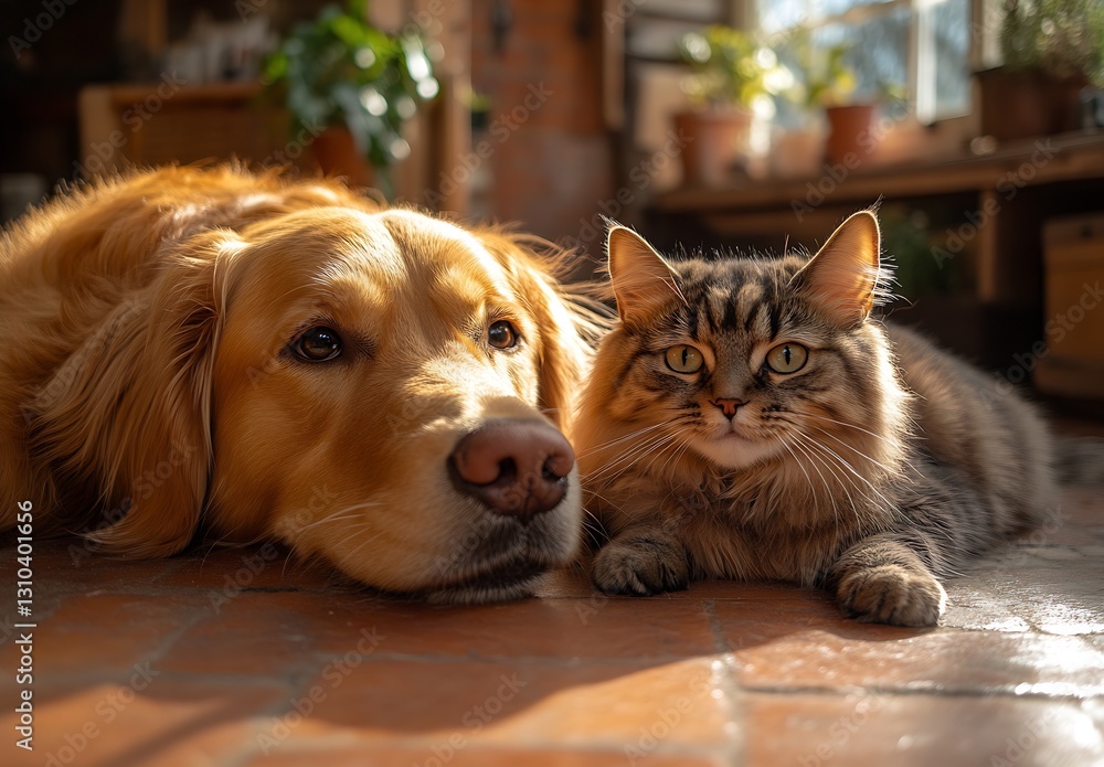 Poster relaxed golden retriever dog lying next to a calm tabby cat in a sunny indoor space : generative ai