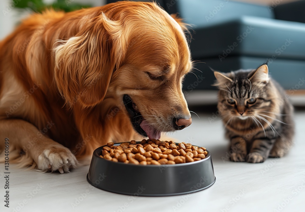 Poster golden retriever dog enjoys kibble while tabby cat observes curiously in bright home : generative ai