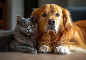 Charming golden retriever and fluffy grey cat lounging together with a warm gaze : Generative AI