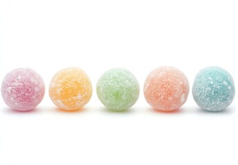 Obraz premium Five colorful sugarcoated candy spheres in pastel shades arranged neatly on a white background : Generative AI