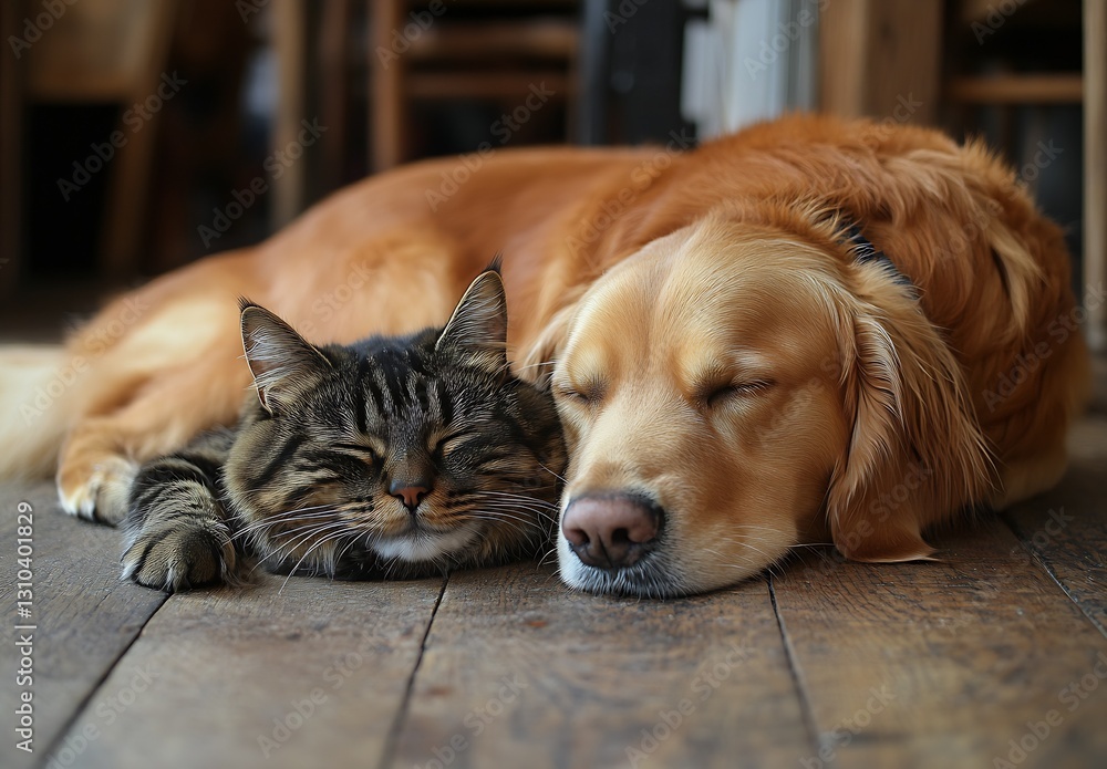 Poster Lovely tabby cat and golden retriever snuggling together while napping on a rustic wooden floor in a cozy setting : Generative AI