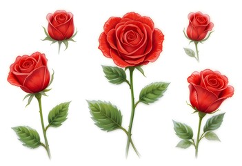 A set of different red roses, children's book illustration style, on a white background.