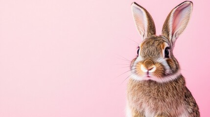 Obraz premium Photo of a little bunny, on a soft pink background Easter theme