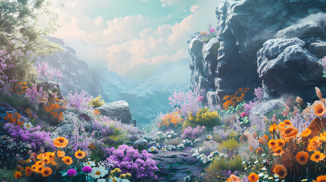 Surreal landscape with vibrant flora and rocks in pastel hues: a fantasy-themed imaginative scenery filled with childlike whimsy. Arcadian - Countryside. Illustration