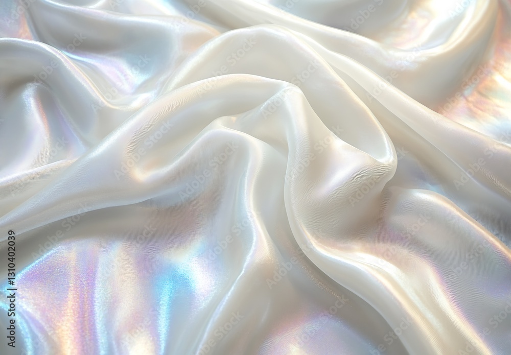 Poster satin white textile draping elegantly with soft rainbow hues glinting in the light for an ethereal l