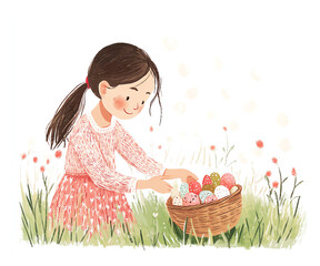 Illustration of a little girl collecting colorful eggs in a basket for Easter