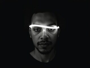 Obraz premium Man posing with neon light across face in black and white dramatic portrait