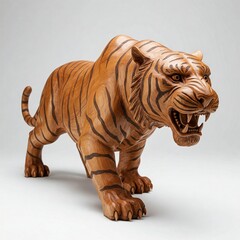 close up wood carving of a brown tiger with stripes in a white background