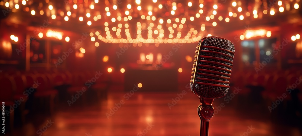 Poster a beautiful vintage microphone set against a warm background with glowing lights and ambiance : gene
