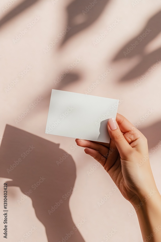 Poster A hand presenting a blank business card against a soft pastel background with abstract shadows : Generative AI