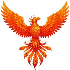 fiery orange phoenix bird with spread wings and tail feathers illustration