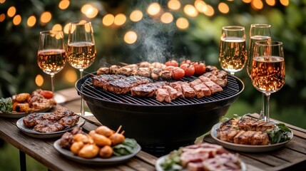 Obraz premium Outdoor BBQ Feast with Wine