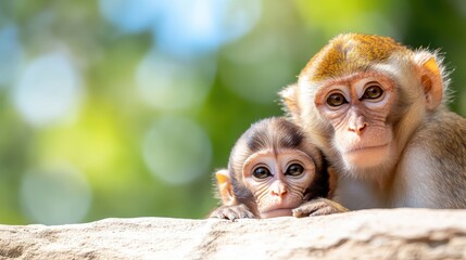 Mother monkey and her baby explore the sandy ground in a warm environment