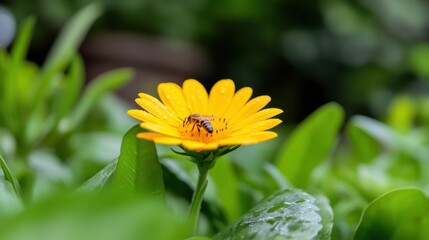 Vibrant sunflower attracts a busy bee in lush greenery